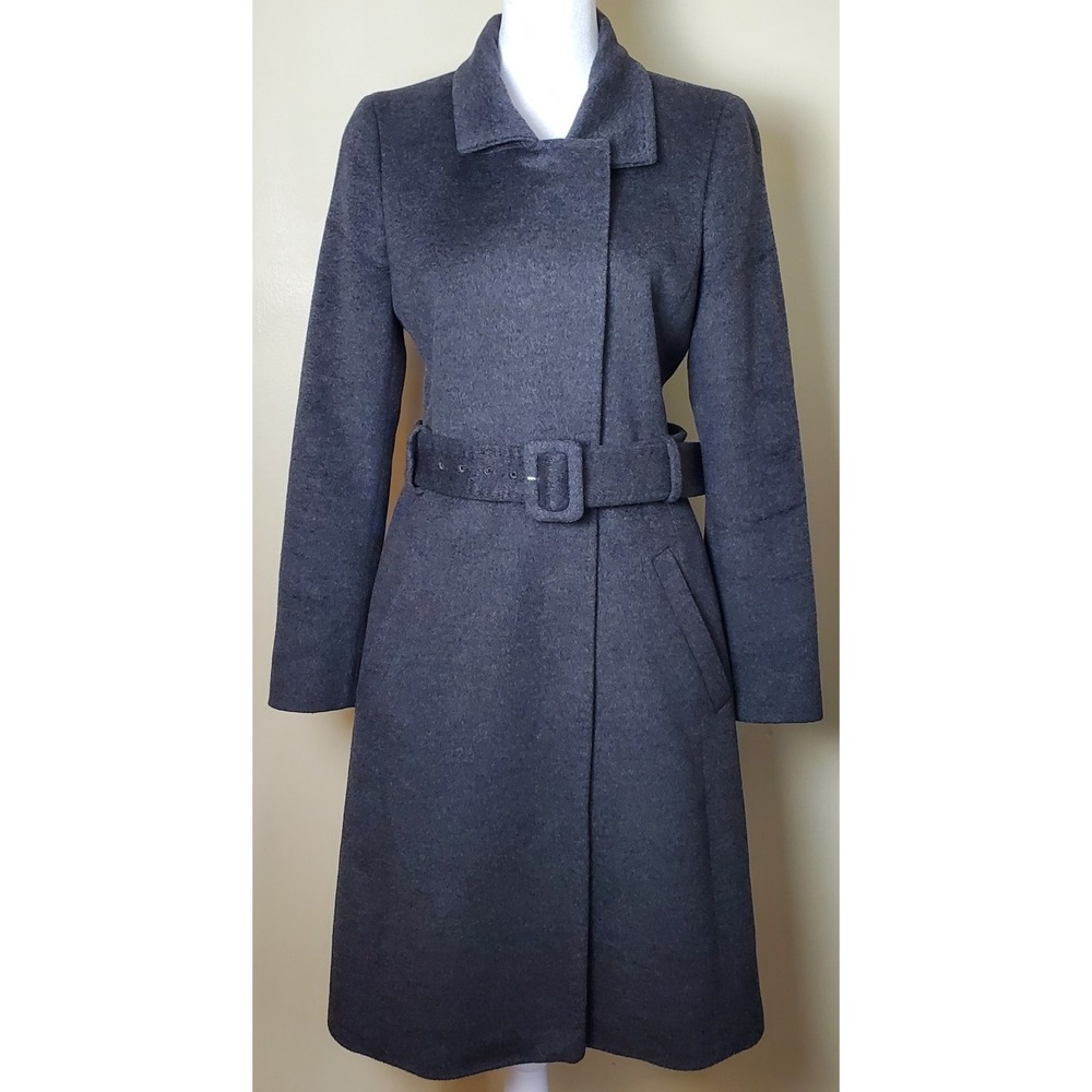 Hugo Boss Womens 2 Virgin Wool Charcoal Gray Belted Trench Coat Academia‎ Preppy